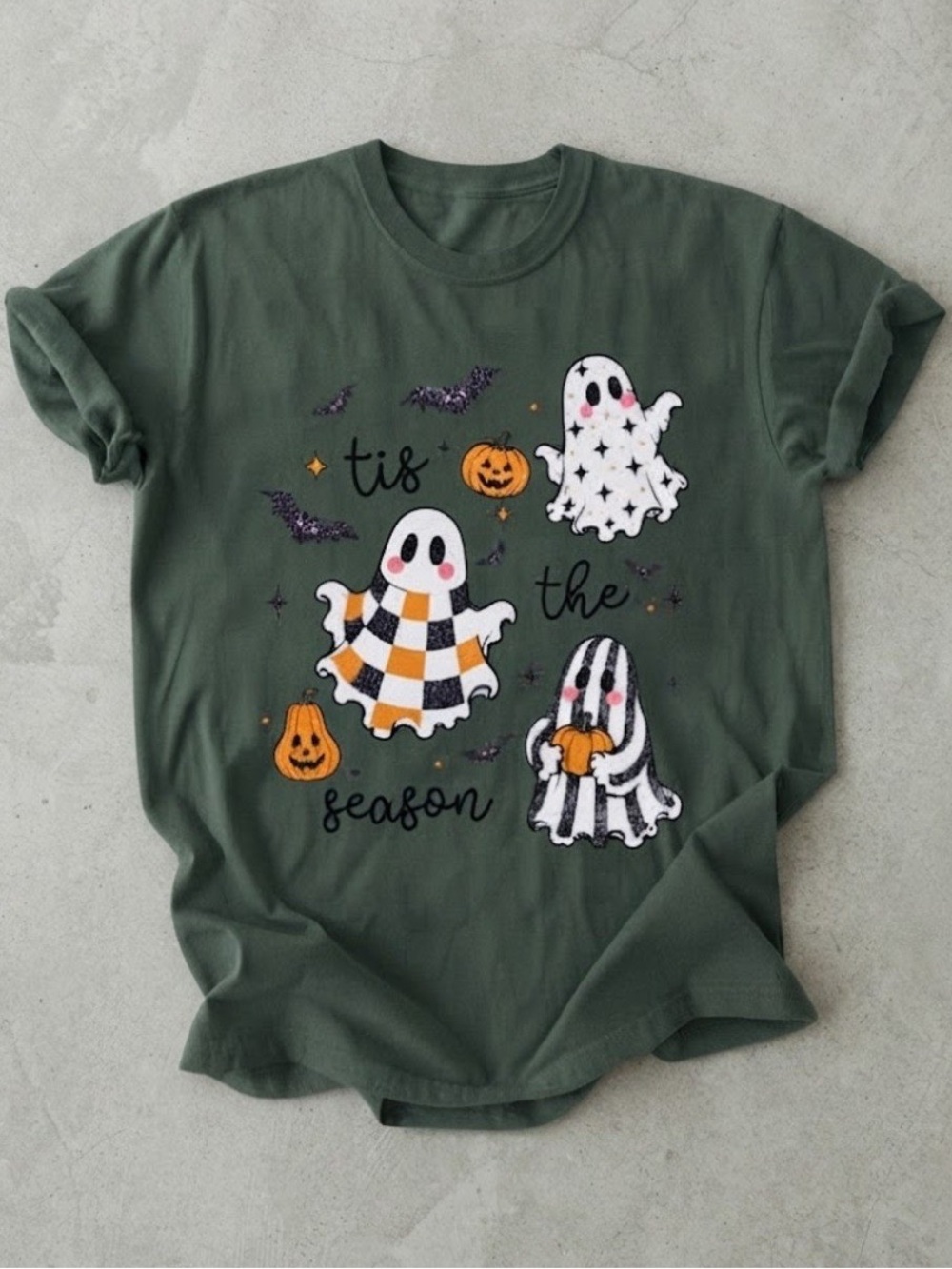 Tis The Season Cute Ghost Pumpkin Halloween Dark Green Gildan T-Shirt